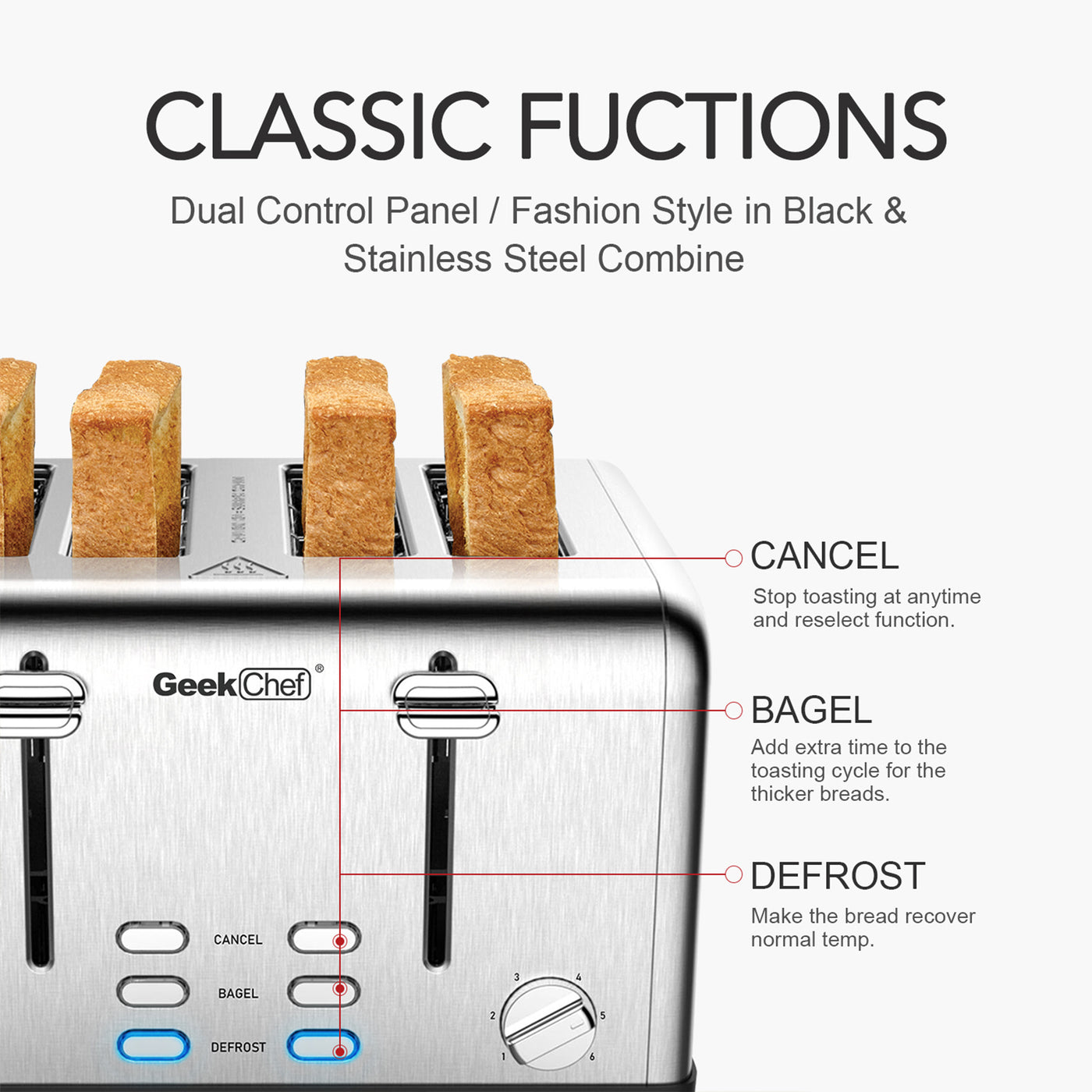 Prohibit Shelves In The Amazon. Toaster 4 Slice, Geek Chef Stainless Steel Extra-Wide Slot Toaster With Dual Control Panels Of Bagel,Defrost,Cancel Function,Ban Amazon